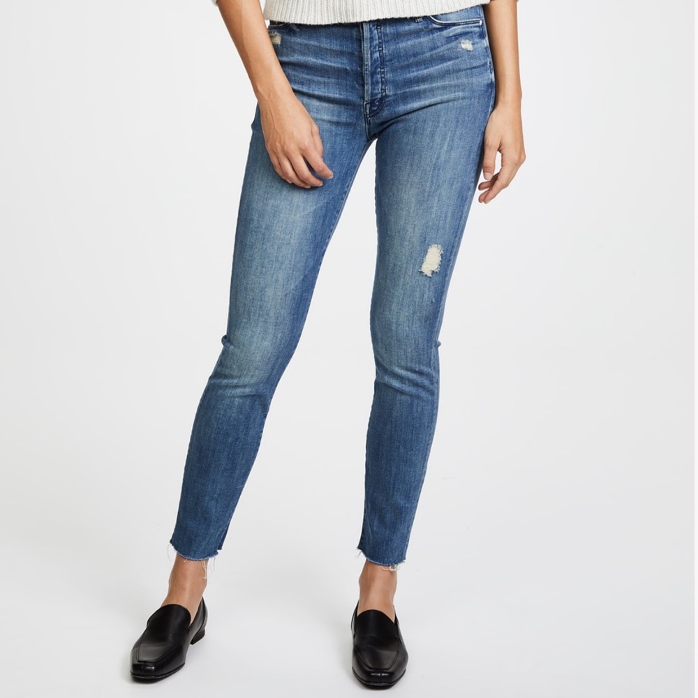 Mother Jeans The Stunner Ankle Fray Graffiti Girl Wash Blue Distressed-25